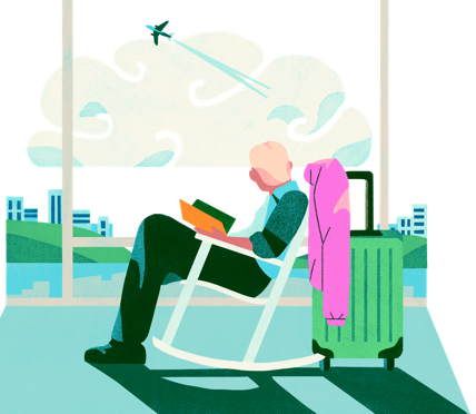Illustration of a man with his head turned and sitting in a rocking chair, reading a book. Behind the chair is a piece of luggage with a pink shirt on the handle. He is looking out a window where there is a cloud and an airplane flying upwards
